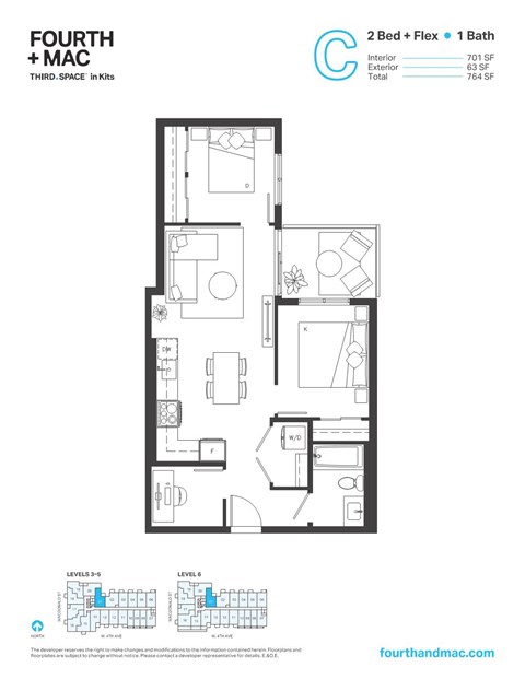 Floor plan for 2 beds, 1 bath, 701 sqft